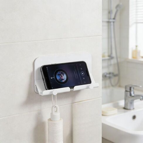 Wall Mount Phone Holder with 2 Hooks, Self Adhesive Phone Stand with Charging Hole, Smartphone Holder for Bedroom, Kitchen, Bathroom, Office, White in Saudi Arabia