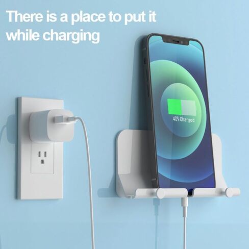Wall Mount Phone Holder with 2 Hooks, Self Adhesive Phone Stand with Charging Hole, Smartphone Holder for Bedroom, Kitchen, Bathroom, Office, White in Saudi Arabia