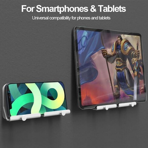 Wall Mount Phone Holder with 2 Hooks, Self Adhesive Phone Stand with Charging Hole, Smartphone Holder for Bedroom, Kitchen, Bathroom, Office, White in Saudi Arabia