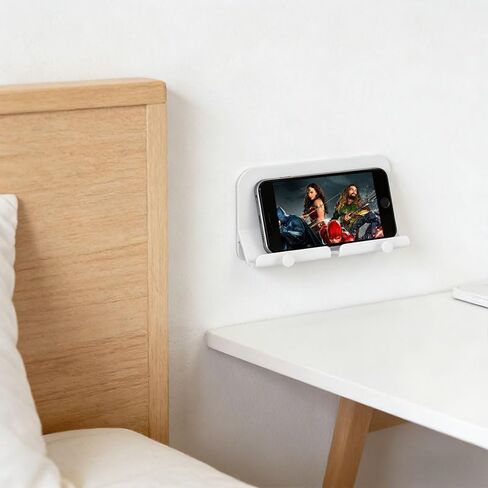 Wall Mount Phone Holder with 2 Hooks, Self Adhesive Phone Stand with Charging Hole, Smartphone Holder for Bedroom, Kitchen, Bathroom, Office, White in Saudi Arabia