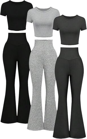 Girl's 3 Packs Short Sleeve T Shirt Flare Leg Pants Set Fitted Matching Clothing Set Yoga for 13-16Y in Kuwait