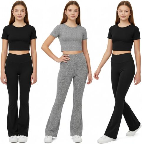 Girl's 3 Packs Short Sleeve T Shirt Flare Leg Pants Set Fitted Matching Clothing Set Yoga for 13-16Y in Kuwait