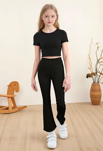 Girl's 3 Packs Short Sleeve T Shirt Flare Leg Pants Set Fitted Matching Clothing Set Yoga for 13-16Y in Kuwait