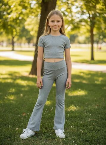 Girl's 3 Packs Short Sleeve T Shirt Flare Leg Pants Set Fitted Matching Clothing Set Yoga for 13-16Y in Kuwait
