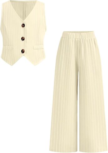 ملابس صيفية للفتيات الصغيرات مكونة من قطعتين، سترة مخططة بصدر واحد وسروال واسع الساق in Kuwait