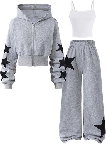 Girl's 3 Piece Streetwear Outfits Star Graphic Zip Up Hoodies with Camisole Tops and Baggy Pants in Saudi Arabia
