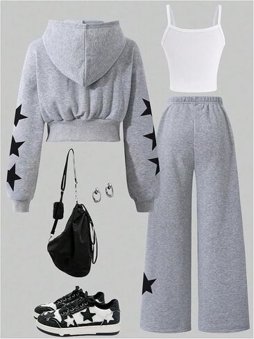Girl's 3 Piece Streetwear Outfits Star Graphic Zip Up Hoodies with Camisole Tops and Baggy Pants in Saudi Arabia