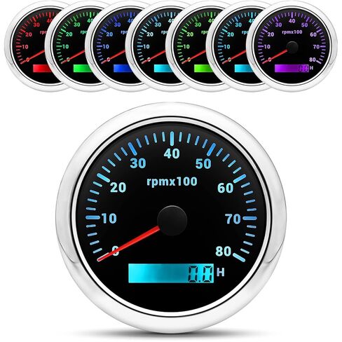Unifizz 85mm 3-3/8" Boat Tachometer Gauge 7 Color LED RPM Tacometro Meter Automotive Replacement Tachometers 8000 RPM for Car Auto Marine Truck 9-32V (Black) in Saudi Arabia