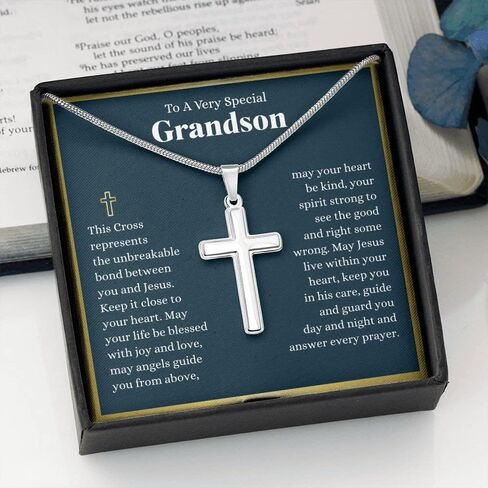 Grandson Cross Necklace, 1st Holy Communion Gift For Grandson Cross Necklace, First Communion Gifts, Grandson Confirmation Gifts, Birthday, Baptism, Catholic, Teen (Standard Box, Every Prayer Cross) in Saudi Arabia