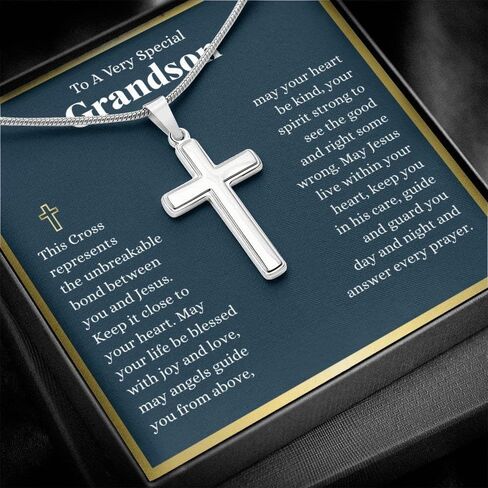 Grandson Cross Necklace, 1st Holy Communion Gift For Grandson Cross Necklace, First Communion Gifts, Grandson Confirmation Gifts, Birthday, Baptism, Catholic, Teen (Standard Box, Every Prayer Cross) in Saudi Arabia