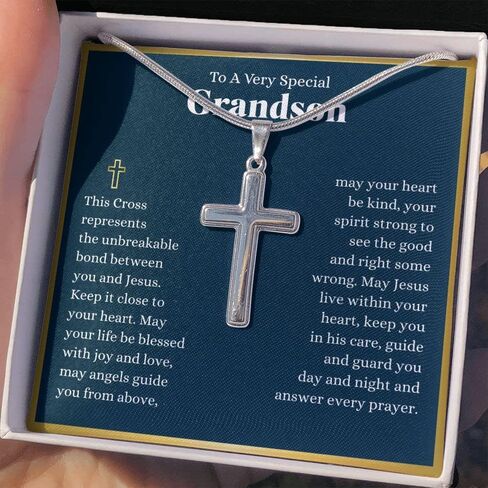 Grandson Cross Necklace, 1st Holy Communion Gift For Grandson Cross Necklace, First Communion Gifts, Grandson Confirmation Gifts, Birthday, Baptism, Catholic, Teen (Standard Box, Every Prayer Cross) in Saudi Arabia