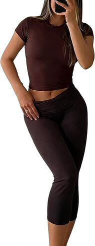 Women's 2-Piece Activewear Set Fitted Short-Sleeve Crop Top & Capri Leggings Stretchy Soft Fabric for Yoga Gym Lounge in Saudi Arabia
