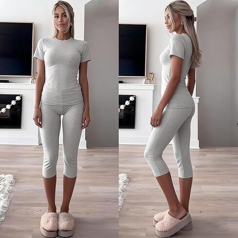 Women's 2-Piece Activewear Set Fitted Short-Sleeve Crop Top & Capri Leggings Stretchy Soft Fabric for Yoga Gym Lounge in Saudi Arabia