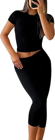 Women's 2-Piece Activewear Set Fitted Short-Sleeve Crop Top & Capri Leggings Stretchy Soft Fabric for Yoga Gym Lounge in Saudi Arabia