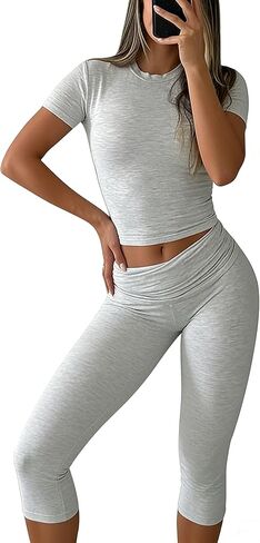 Women's 2-Piece Activewear Set Fitted Short-Sleeve Crop Top & Capri Leggings Stretchy Soft Fabric for Yoga Gym Lounge in Saudi Arabia