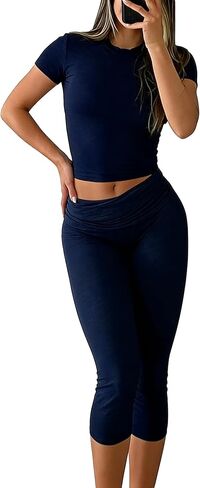 Women's 2-Piece Activewear Set Fitted Short-Sleeve Crop Top & Capri Leggings Stretchy Soft Fabric for Yoga Gym Lounge in Saudi Arabia