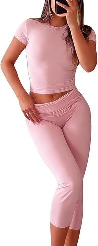Women's 2-Piece Activewear Set Fitted Short-Sleeve Crop Top & Capri Leggings Stretchy Soft Fabric for Yoga Gym Lounge in Saudi Arabia