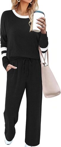 Magritta Lounge Sets for Womens 2 Piece Outfits Crewneck Long Sleeve Tops Wide Leg Pants Casual Travel Sweatsuit in Kuwait