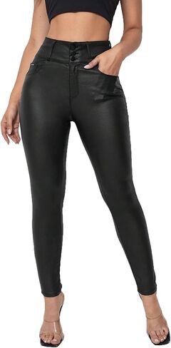 سراويل نسائية من الجلد الصناعي قابلة للتمدد سراويل ضيقة عالية الخصر من الجلد الصناعي in Kuwait