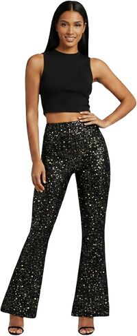 سراويل ELASAD النسائية المتوهجة اللامعة، سراويل طويلة لامعة عالية الارتفاع لامعة لامعة وبنطلون سفلي على شكل جرس لنادي الحفلات in Kuwait