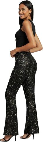 سراويل ELASAD النسائية المتوهجة اللامعة، سراويل طويلة لامعة عالية الارتفاع لامعة لامعة وبنطلون سفلي على شكل جرس لنادي الحفلات in Kuwait