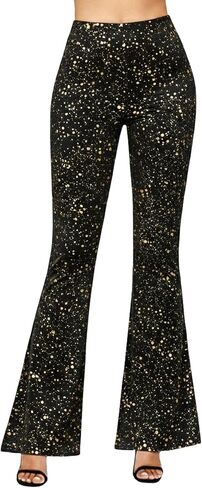 سراويل ELASAD النسائية المتوهجة اللامعة، سراويل طويلة لامعة عالية الارتفاع لامعة لامعة وبنطلون سفلي على شكل جرس لنادي الحفلات in Kuwait