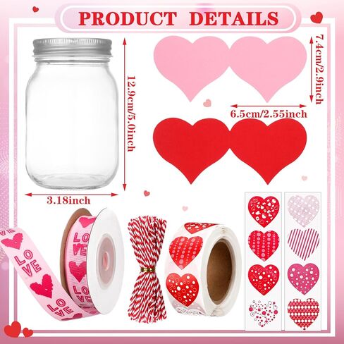 Love Notes Jar with 50 Red Pink Heart Notes Cards Heart Stickers and Ribbon Valentines Love Message Memory Jars Wedding Anniversary Birthday Gift for Boyfriend Girlfriend Husband Wife Couple in Saudi Arabia