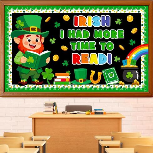 St. Patrick's Day Reading Bulletin Board Decoration Set, March Library Classroom Decorations Leprechaun Lucky Charms Shamrock Rainbow Clover Book Pot of Gold Cutouts School Wall Door Decor for Teacher in Saudi Arabia