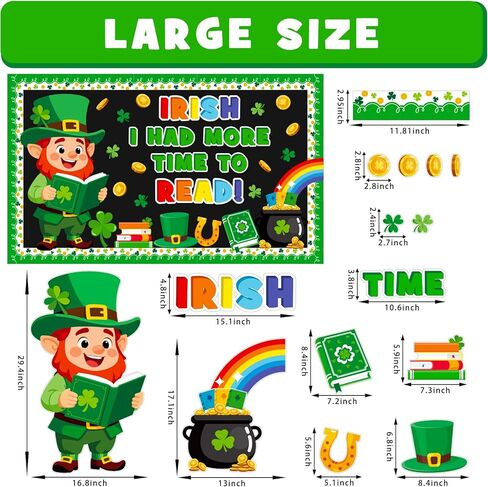 St. Patrick's Day Reading Bulletin Board Decoration Set, March Library Classroom Decorations Leprechaun Lucky Charms Shamrock Rainbow Clover Book Pot of Gold Cutouts School Wall Door Decor for Teacher in Saudi Arabia