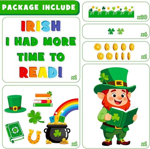 St. Patrick's Day Reading Bulletin Board Decoration Set, March Library Classroom Decorations Leprechaun Lucky Charms Shamrock Rainbow Clover Book Pot of Gold Cutouts School Wall Door Decor for Teacher in Saudi Arabia