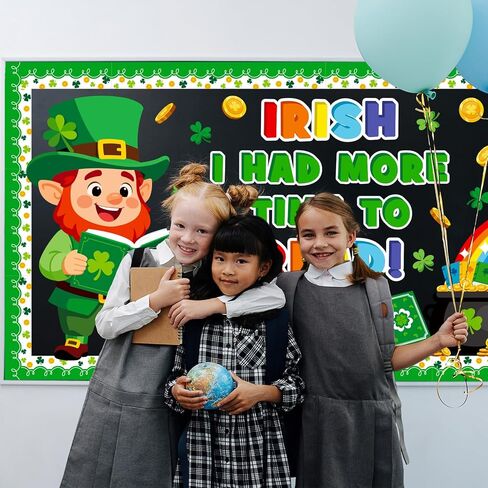 St. Patrick's Day Reading Bulletin Board Decoration Set, March Library Classroom Decorations Leprechaun Lucky Charms Shamrock Rainbow Clover Book Pot of Gold Cutouts School Wall Door Decor for Teacher in Saudi Arabia