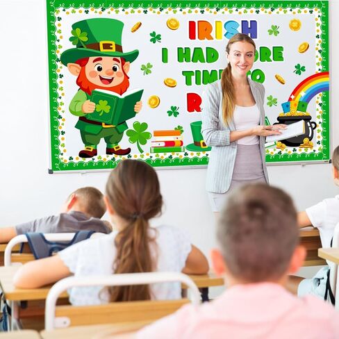 St. Patrick's Day Reading Bulletin Board Decoration Set, March Library Classroom Decorations Leprechaun Lucky Charms Shamrock Rainbow Clover Book Pot of Gold Cutouts School Wall Door Decor for Teacher in Saudi Arabia