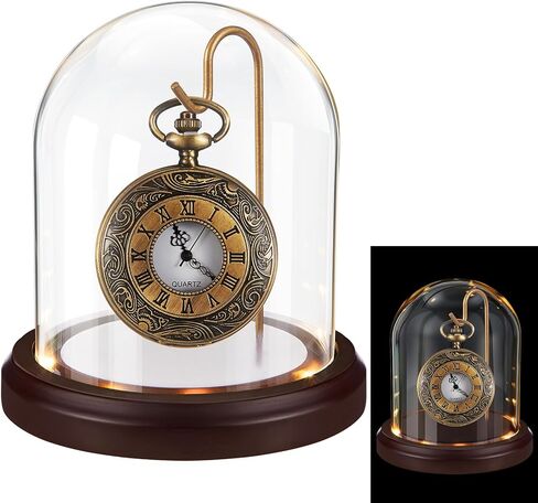 4 x 5 Inch LED Light Pocket Watch Glass Display Dome Cloche with Solid Wood Base Gold Hook Clear Display Bell Jar Cloche Glass Dome for Plants Medals Photo Antique Office Home Decoration in Saudi Arabia