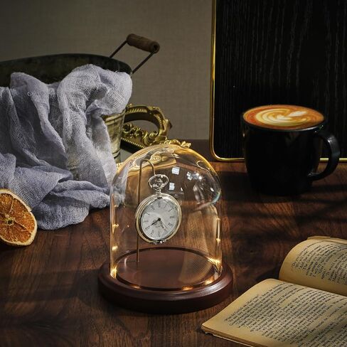 4 x 5 Inch LED Light Pocket Watch Glass Display Dome Cloche with Solid Wood Base Gold Hook Clear Display Bell Jar Cloche Glass Dome for Plants Medals Photo Antique Office Home Decoration in Saudi Arabia