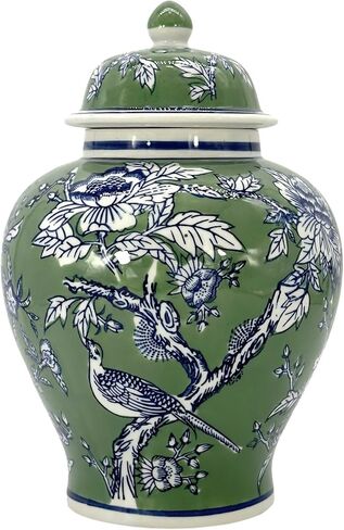 برطمان جالت إنترناشيونال كلاسيكي مزين بالزهور باللونين الأخضر والأزرق مقاس 30.48 سم مع غطاء - برطمان زنجبيل، تخزين الشاي، ديكور، مزهرية ديكور المنزل in Kuwait
