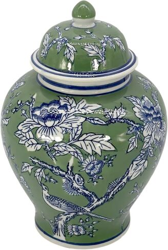 برطمان جالت إنترناشيونال كلاسيكي مزين بالزهور باللونين الأخضر والأزرق مقاس 30.48 سم مع غطاء - برطمان زنجبيل، تخزين الشاي، ديكور، مزهرية ديكور المنزل in Kuwait