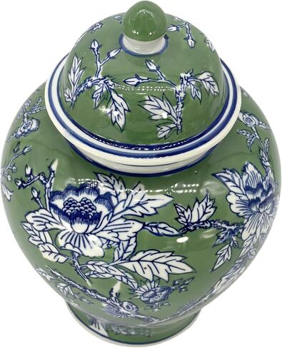 برطمان جالت إنترناشيونال كلاسيكي مزين بالزهور باللونين الأخضر والأزرق مقاس 30.48 سم مع غطاء - برطمان زنجبيل، تخزين الشاي، ديكور، مزهرية ديكور المنزل in Kuwait