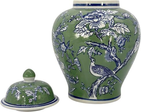 برطمان جالت إنترناشيونال كلاسيكي مزين بالزهور باللونين الأخضر والأزرق مقاس 30.48 سم مع غطاء - برطمان زنجبيل، تخزين الشاي، ديكور، مزهرية ديكور المنزل in Kuwait