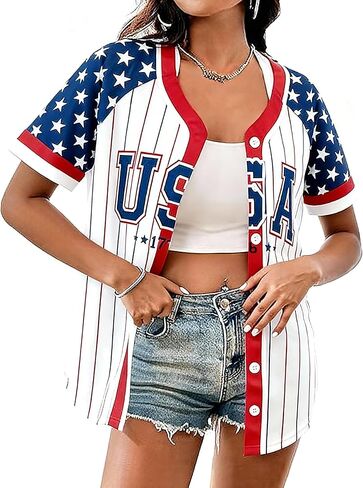 قميص جيرسي نسائي بأزرار للأسفل بعلم أمريكي، قمصان قصيرة الأكمام وطنية للولايات المتحدة الأمريكية، تي شيرت بيسبول للرابع من يوليو in Kuwait