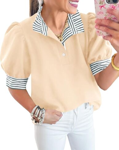 Cicy Bell Womens Summer Puff Sleeve Blouses Casual Dressy Ruffle V Neck Tops Color Block Striped Loose Fit Button Polo Shirts in Saudi Arabia