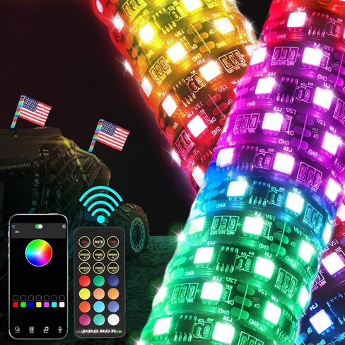 أضواء سوط LED لولبية سميكة بطول 2 قدم مع جهاز تحكم عن بعد وتطبيق، 300 لون و200 وضع هوائي سميك مضاء بإضاءة RGB للمطاردة/الرقص ينطبق على شاحنات بيك اب RZR Can-Am Polaris UTV ATV، قطعتان (PRO، 2FT) in Kuwait