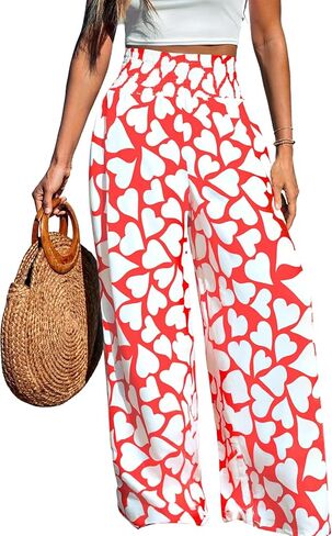 LOTUCY Heart Pants for Women Casual High Waist Wide Leg Pants Floral Print Drawstring Palazzo Long Lounge Pants in Saudi Arabia