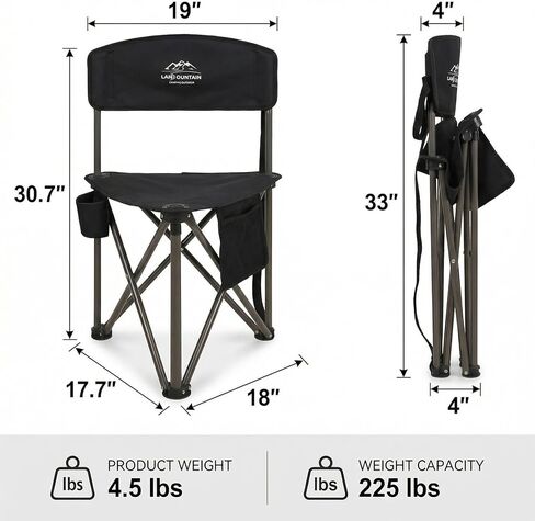 LANMOUNTAIN Folding Camping Tripod Stool w/Backrest,Carry Bag,Lightweight Portable Outdoor Lawn Chairs Compact for Adults Fishing,Hunting,Travel,Black in Kuwait