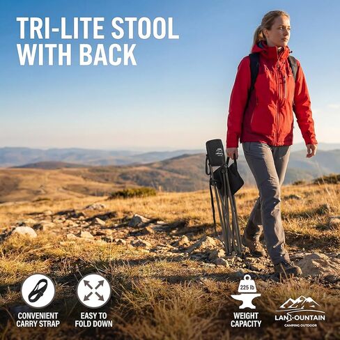 LANMOUNTAIN Folding Camping Tripod Stool w/Backrest,Carry Bag,Lightweight Portable Outdoor Lawn Chairs Compact for Adults Fishing,Hunting,Travel,Black in Kuwait