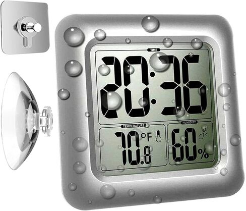 Large Waterproof Bathroom Wall Clock, Big Water Resistant Hanging Shower Clock for Bath Countertop, Moisture Proof Temperature Humidity Meter, Suction Clock Watch Time in Shower [Shatterproof Glass] in Kuwait