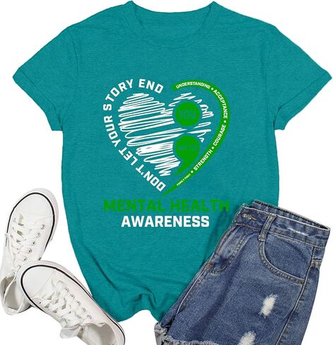 Women Mental Health Awareness Shirt Green Ribbon T-Shirt Inspirational Psychologist Therapist Tee Top in Saudi Arabia