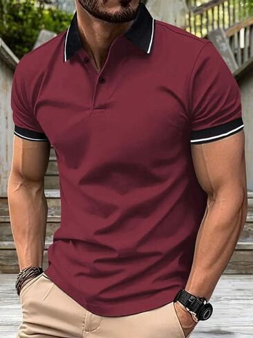 Men Burgundy Polo Shirt Short Sleeve Slim Fit Contrast Trim Casual Business Top in Saudi Arabia