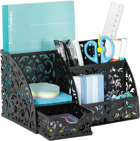 EasyPAG Pen Holder Desk Organizer with Drawer Pencil Cup for Desk 6 Compartments Metal Office Caddy Storage with Sticky Notes Holder for School Home Office, Black in Saudi Arabia