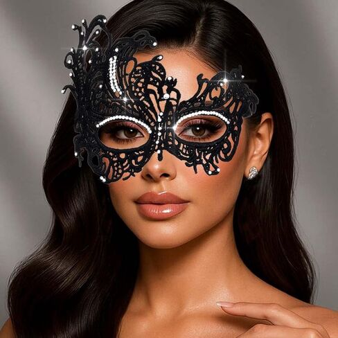 Rhinestone Masquerade Ball Mask for Women Black Lace Masks Halloween Costume Eye Mask Shiny Luxury Mask for Women in Saudi Arabia