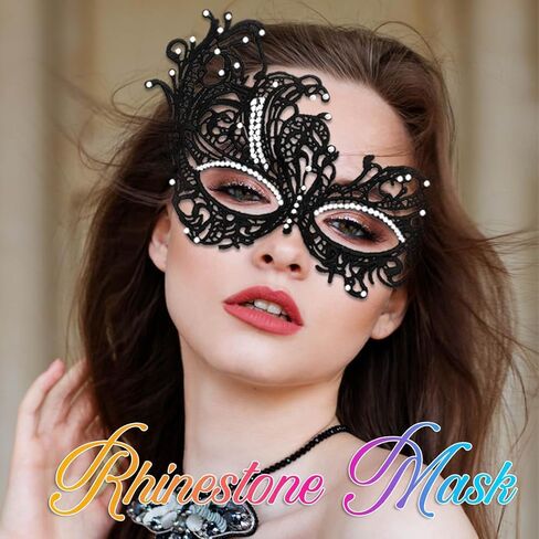 Rhinestone Masquerade Ball Mask for Women Black Lace Masks Halloween Costume Eye Mask Shiny Luxury Mask for Women in Saudi Arabia